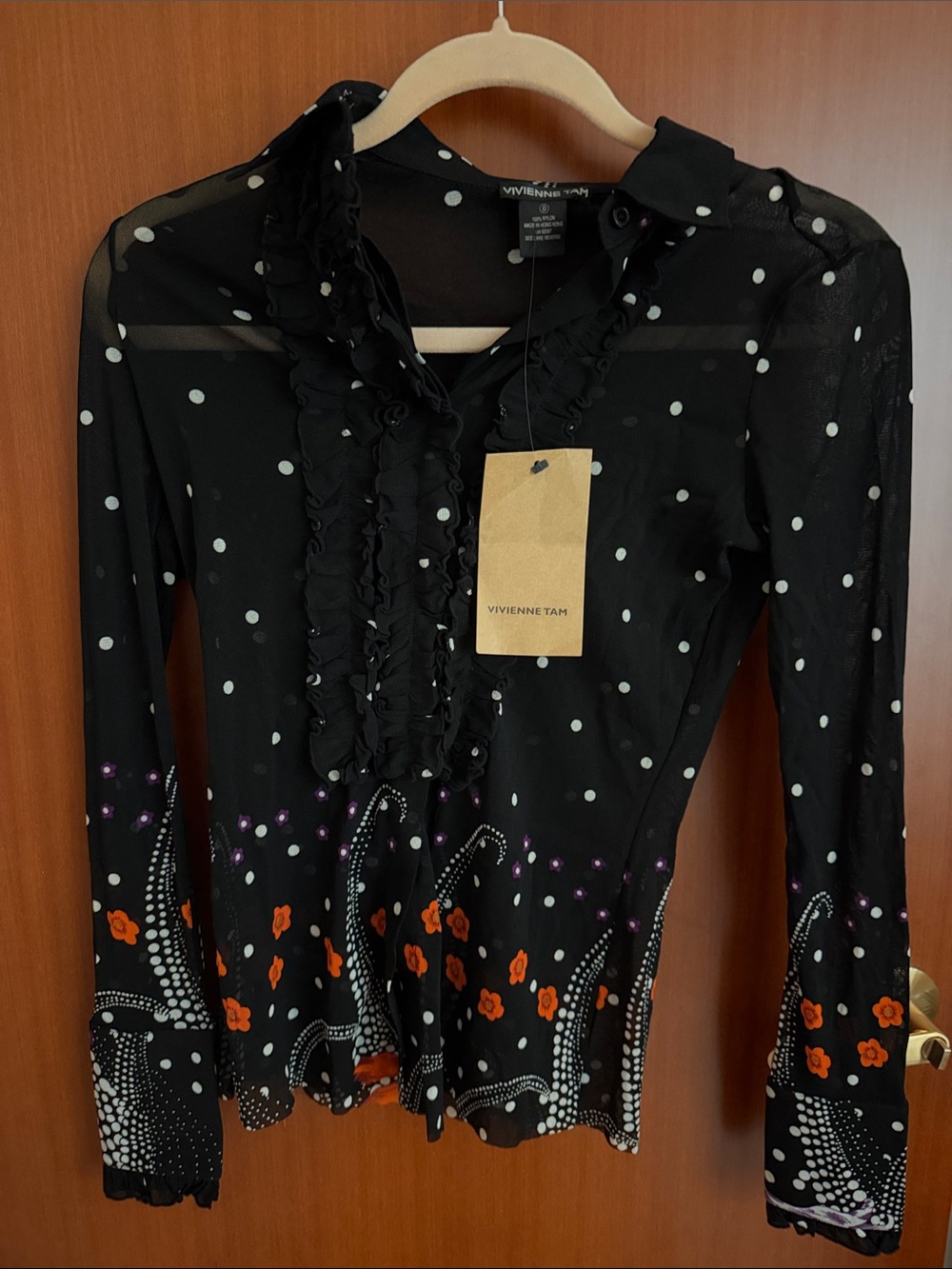 Vivienne Tam RARE Black Ruffle Polka Dot Floral Blouse
